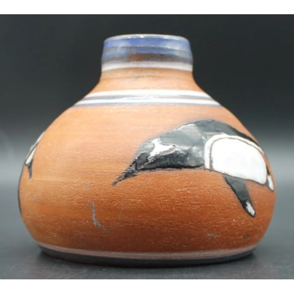 Hand Thrown Pottery Vase Penguin Motif Terracotta Studio Art Small Vase 4in